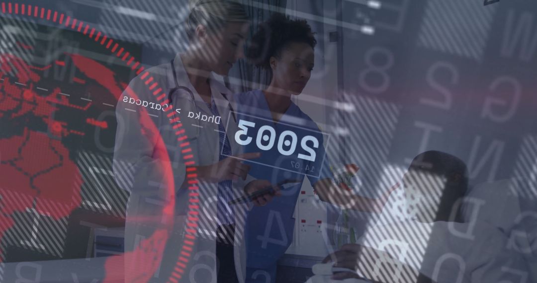 Medical Team Analyzing Digital Diagnostics with Technology Overlay