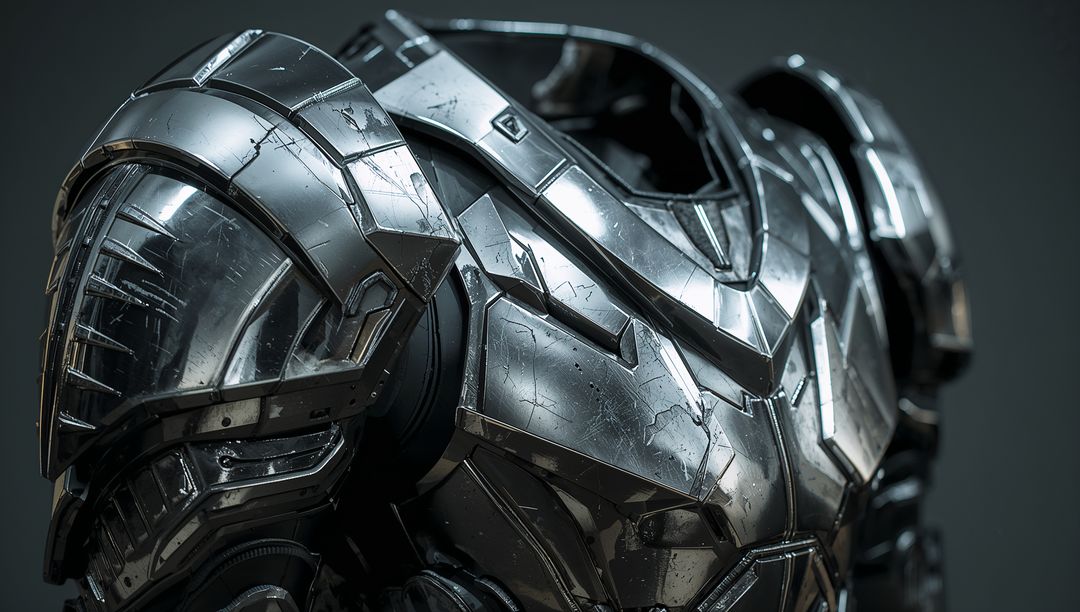 Futuristic Chrome Battle Armor Torso Featuring Layered Pauldrons and Scratched Metal Finish