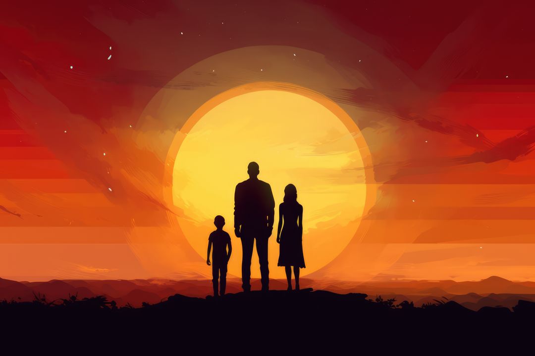 Silhouette of couple with son at sunset, created using generative ai technology - Free Images, Stock Photos and Pictures on Pikwizard.com