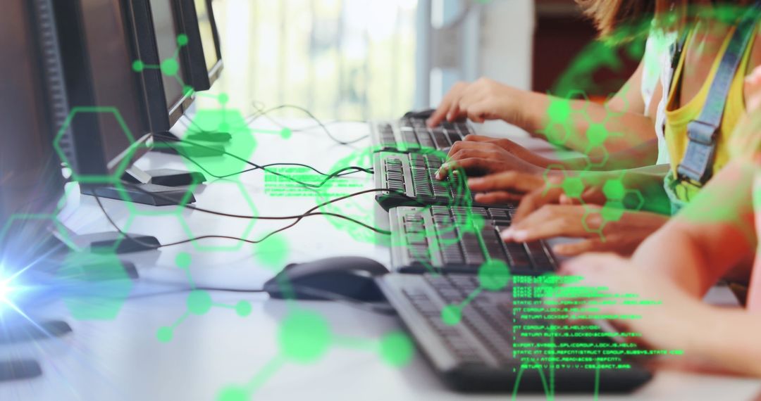 Students Typing Keywords with Digital Interface Overlay