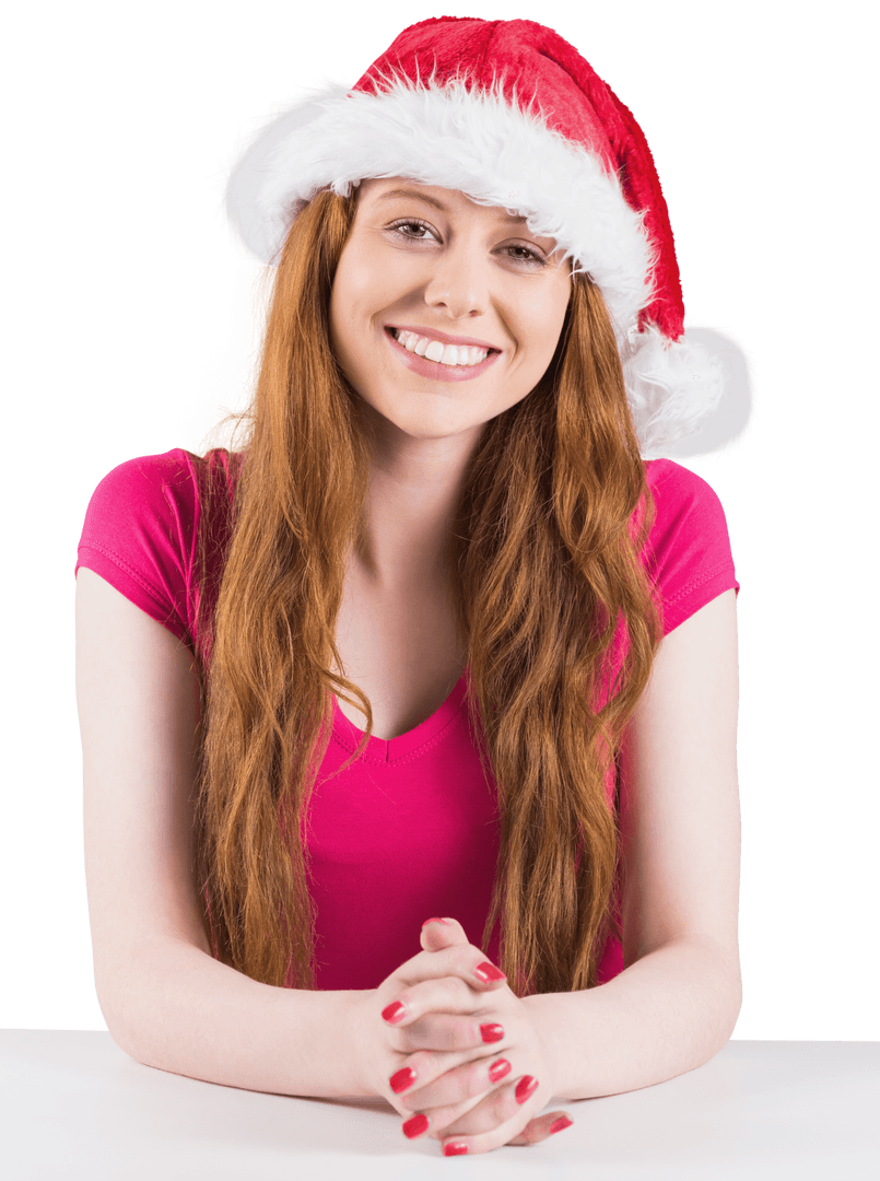 Happy Redhead Celebrating Christmas with Bright Smile and Santa Hat Transparency