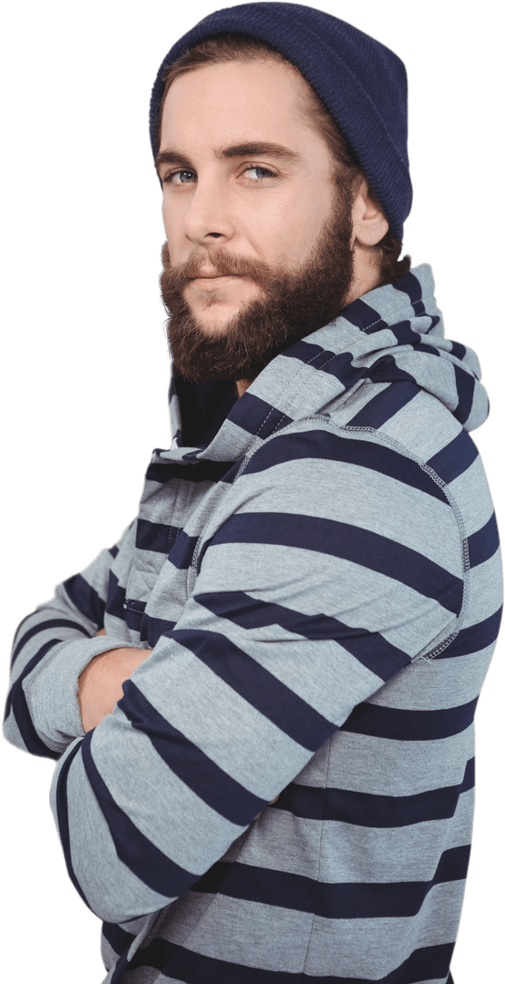 Transparent Bearded Man in Striped Hooded Sweater Confident Expression