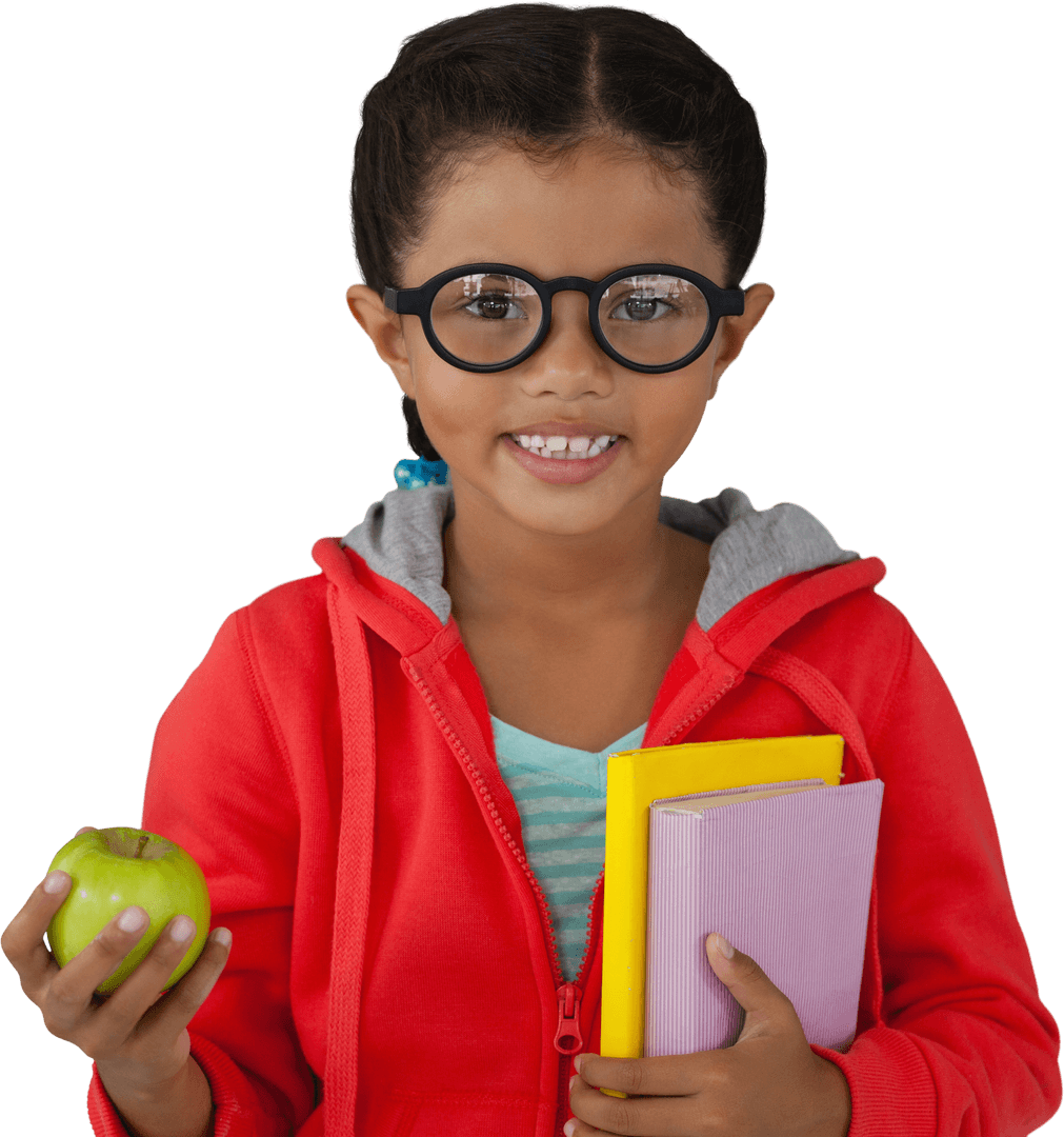 Cheerful Student Holding Textbooks and Apple, Transparent Background