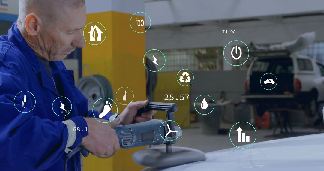 Auto Mechanic Polishing Car Roof with Digital Innovation Symbols
