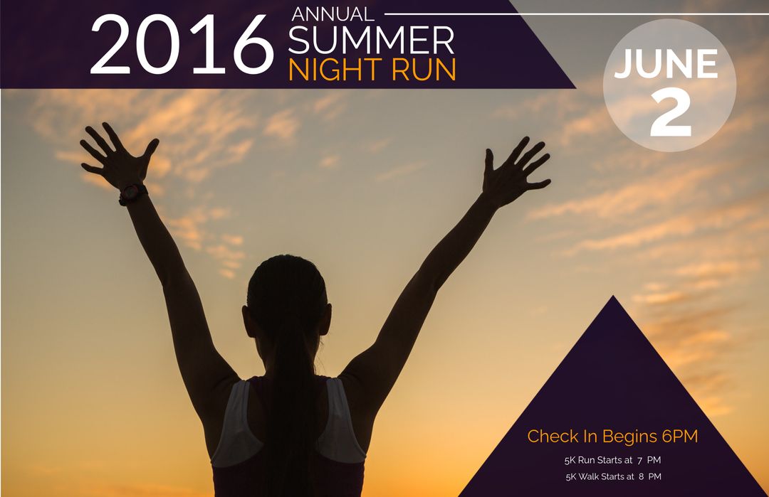 Silhouette of Runner Celebrating at Sunset for Summer Night Run Event