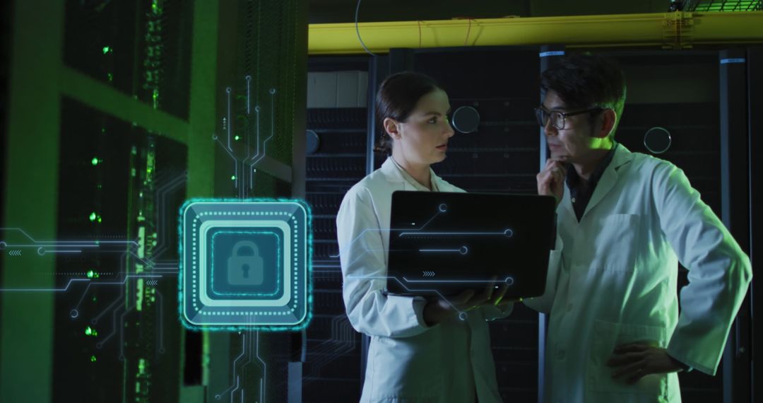 Engineers Analyzing Cybersecurity in High-Tech Server Room