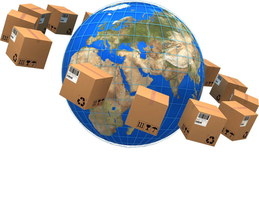 Transparent Globe Encircled by Shipping Boxes for Global Logistics Concept