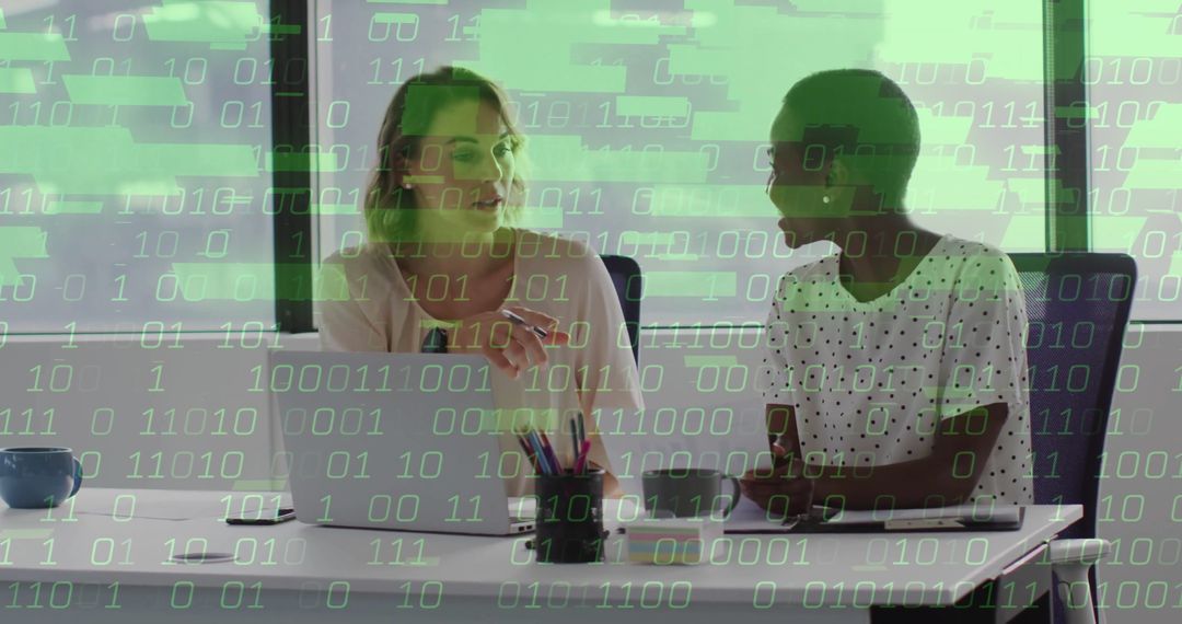 Business Team Collaborating with Digital Overlay Displaying Code