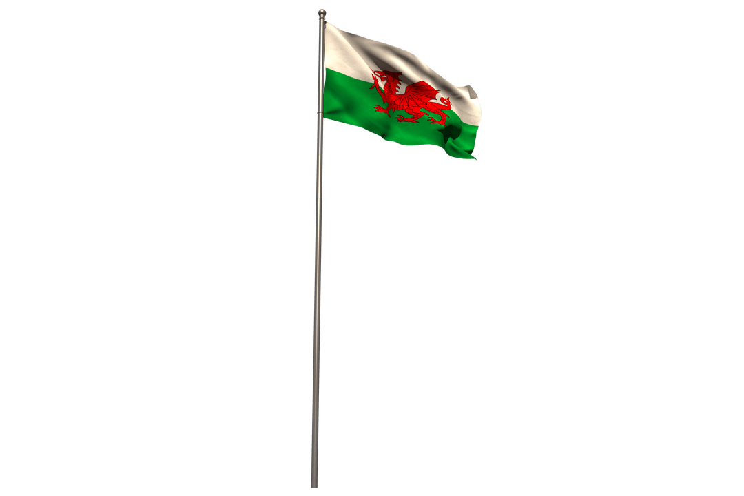 Transparent Welsh Flag Waving on Tall Pole Against Isolated Background