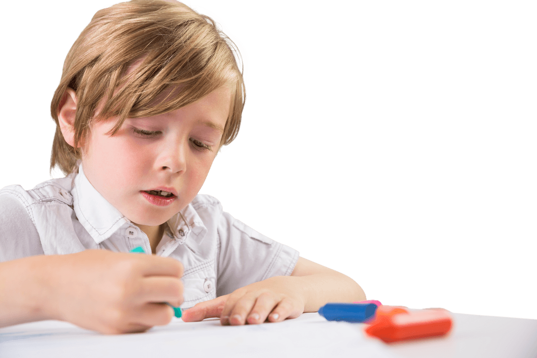 Caucasian Schoolboy Absorbed in Creative Drawing on Transparent Background