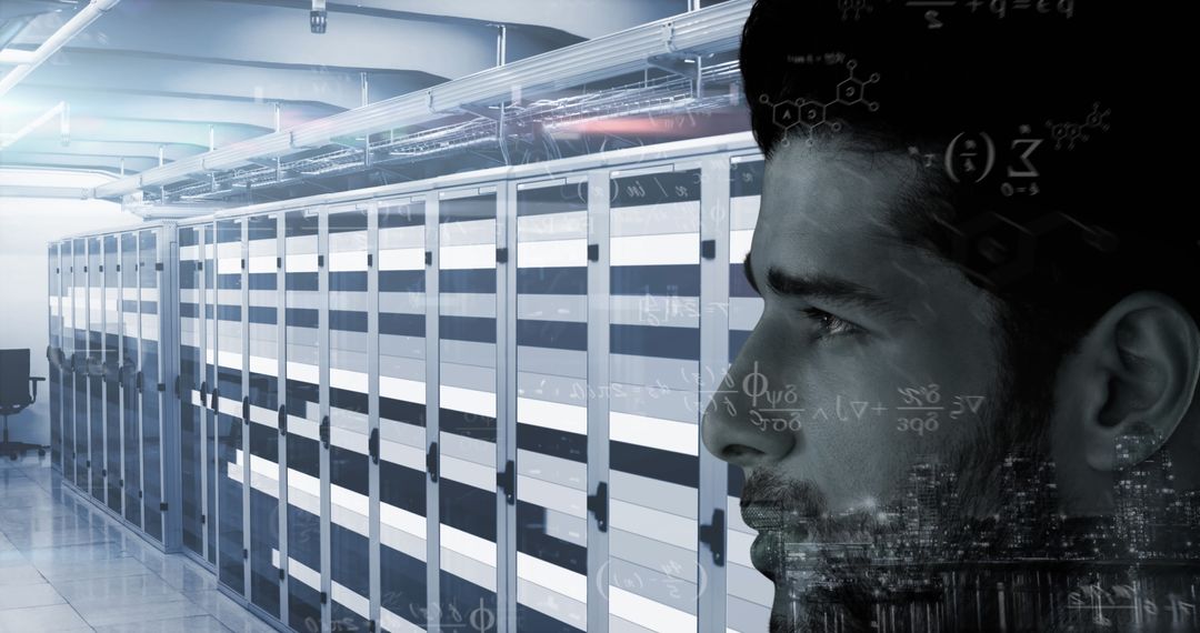 IT Engineer Overseeing Data Center with Futuristic Digital Graphics
