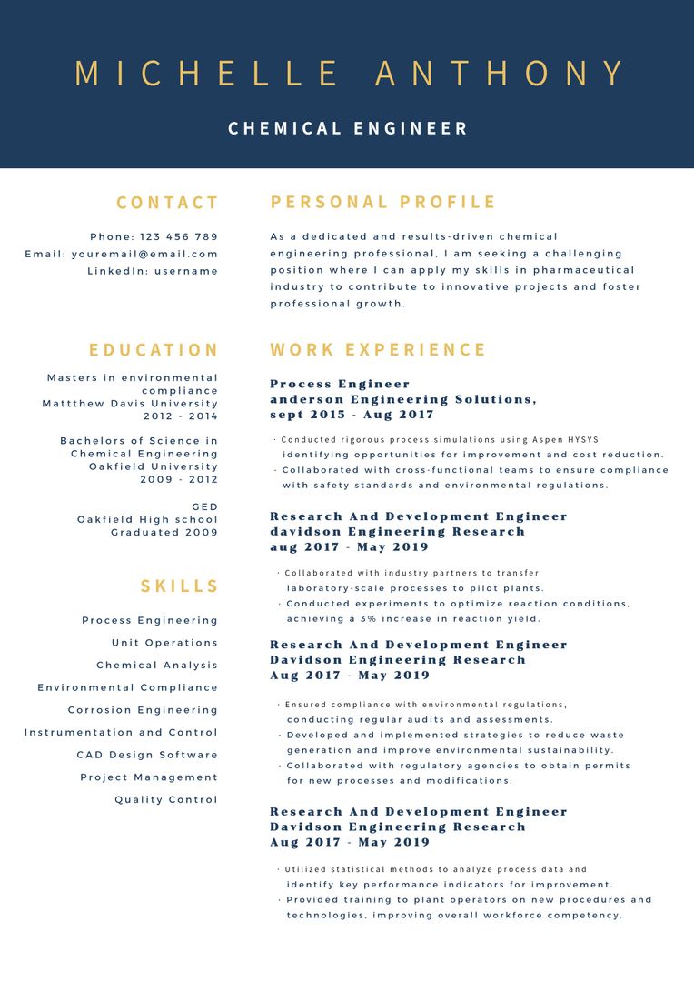 Professional Chemical Engineer Resume and Profile Layout - Download Free Stock Templates Pikwizard.com