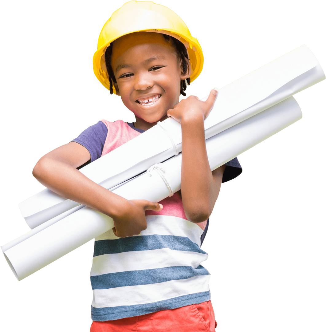 Child with Helmet Holding Blueprints Transparent Background