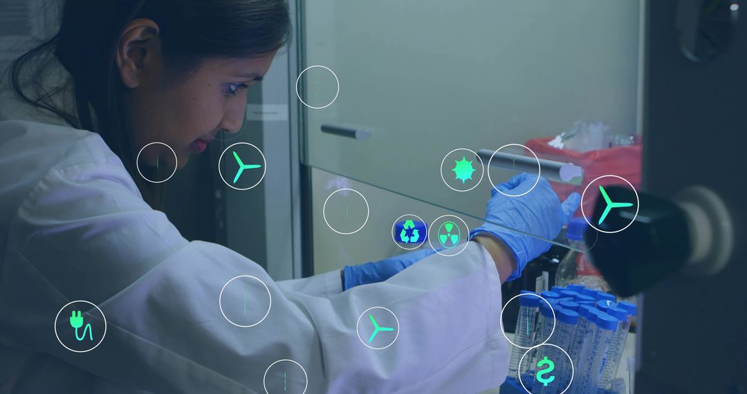 Woman lab technician leaning and handling blue sample tubes with holographic lab icons