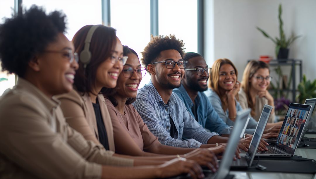 Smiling diverse team collaborating on laptops during video conference in modern office