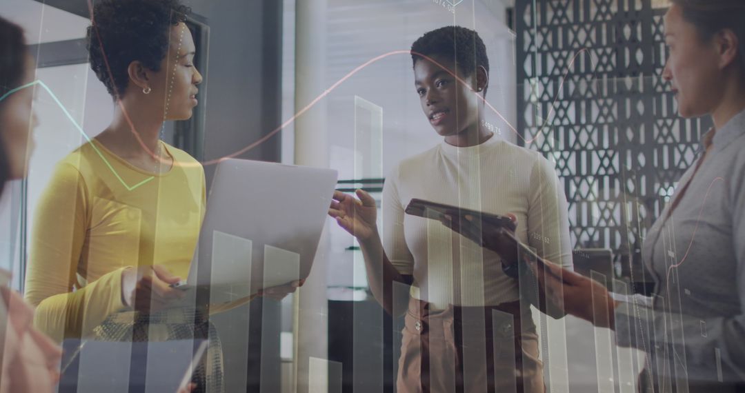 Diverse Team Collaborating with Digital Data Interface in Modern Office