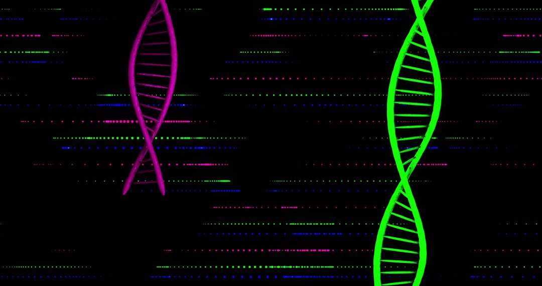Futuristic DNA Strands amid Digital Patterns on Black Background