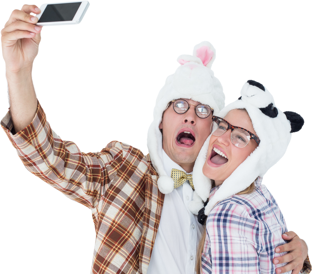 Transparent geeky hipster couple taking selfie in funny animal hats - Download Free Stock Images Pikwizard.com