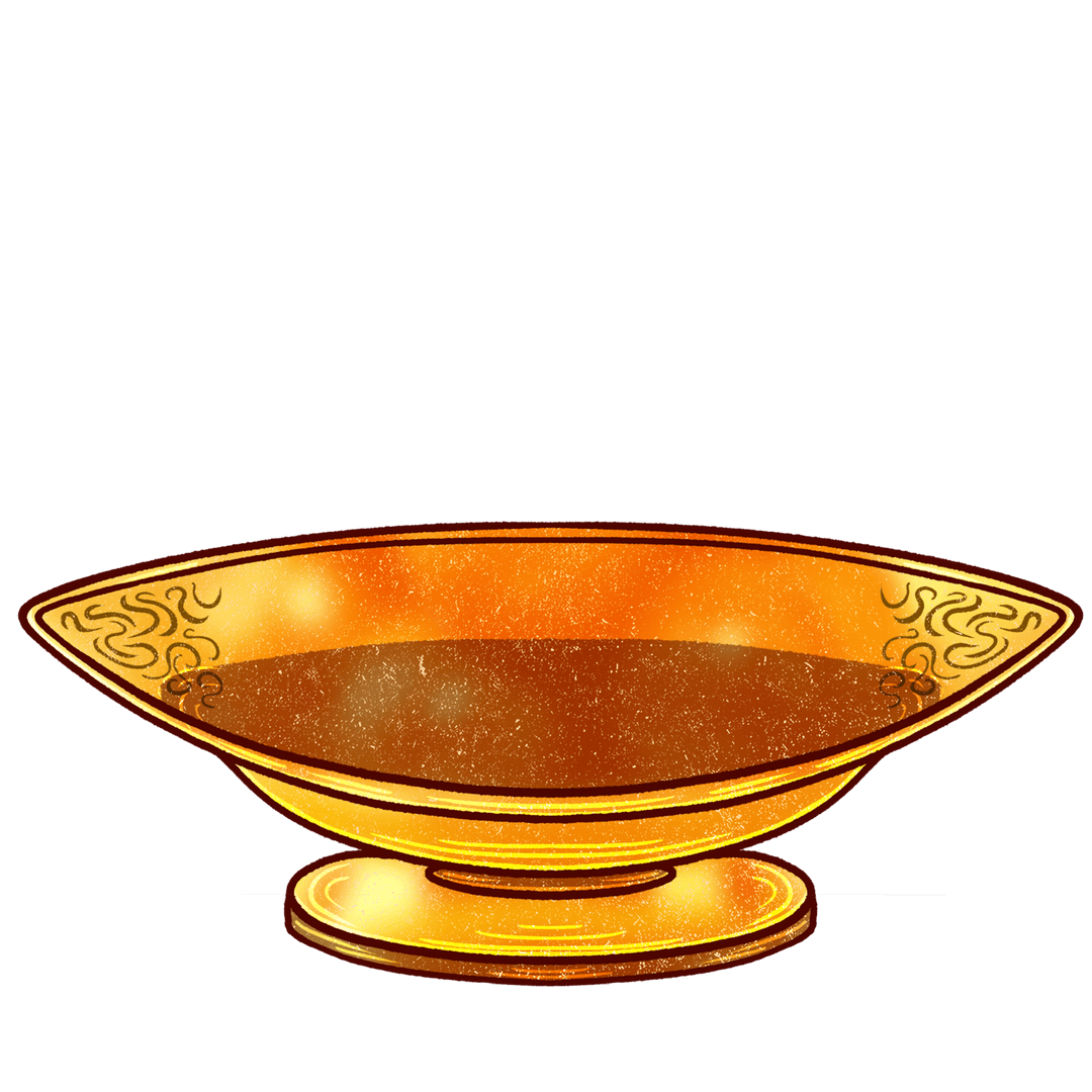Ornate Golden Bowl on Transparent Background with Glittery Motifs