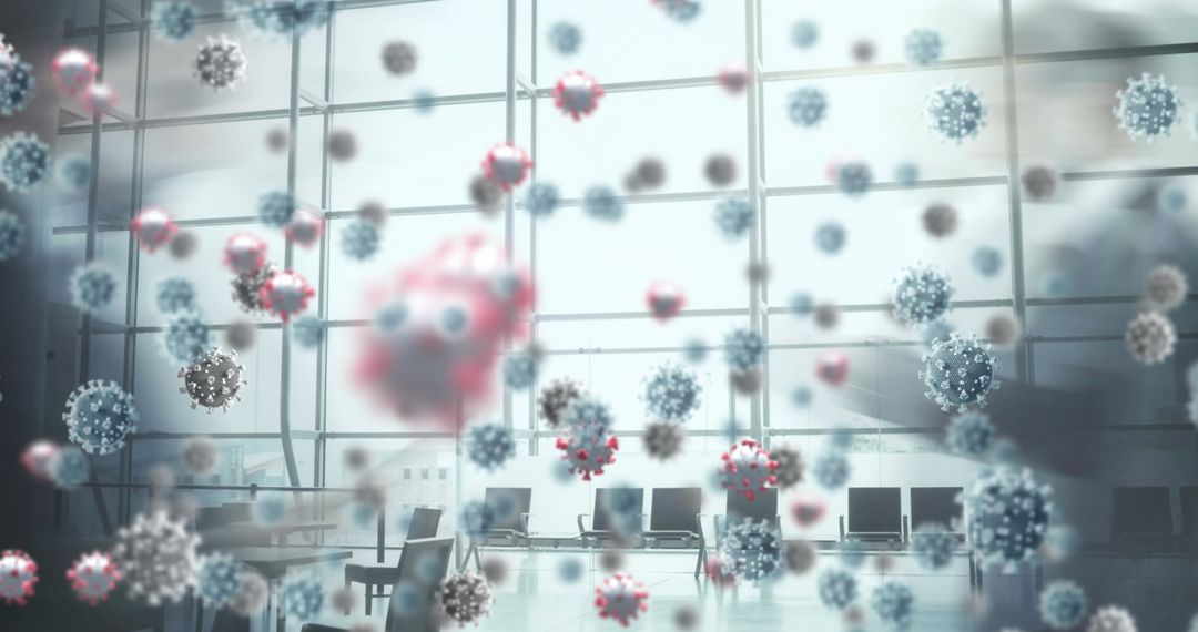 Digital Coronavirus Cells Floating in Modern Office Space