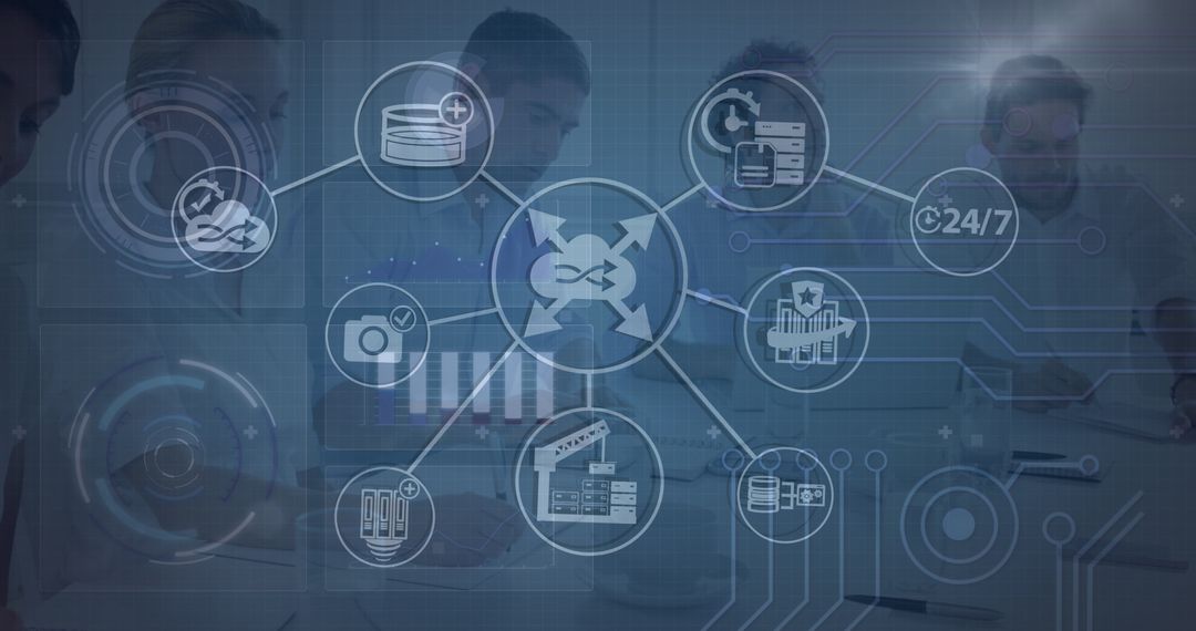 Digital Network Concept with Diverse Coworkers and Tech Icons