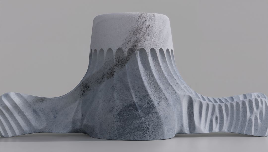 Monolithic carved stone sculpture featuring scalloped cylinder and winged arms, geometric texture