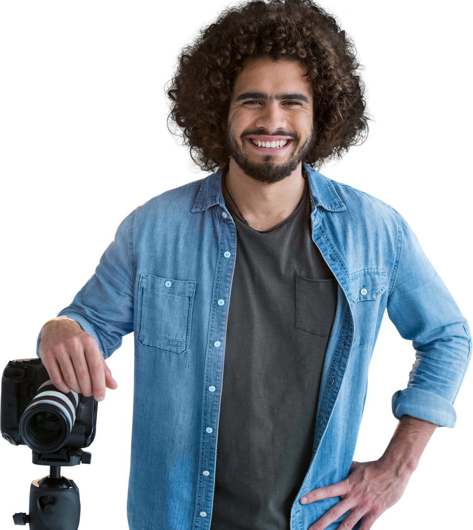 Smiling Photographer Holding Camera, Wearing Denim Shirt, on Transparent Background - Download Free Stock Images Pikwizard.com