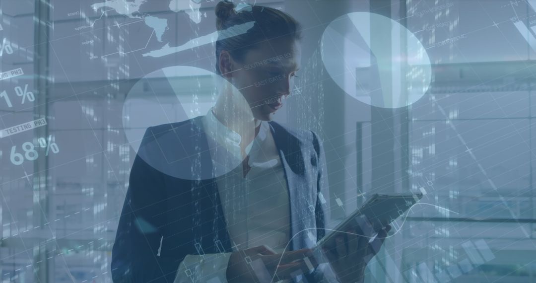 Businesswoman using tablet for data analysis with digital overlay
