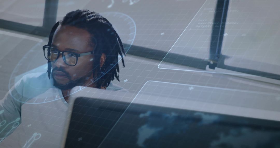 Analyzing Data Streams with HUD Overlays, Black Tech Professional Working at Workstation