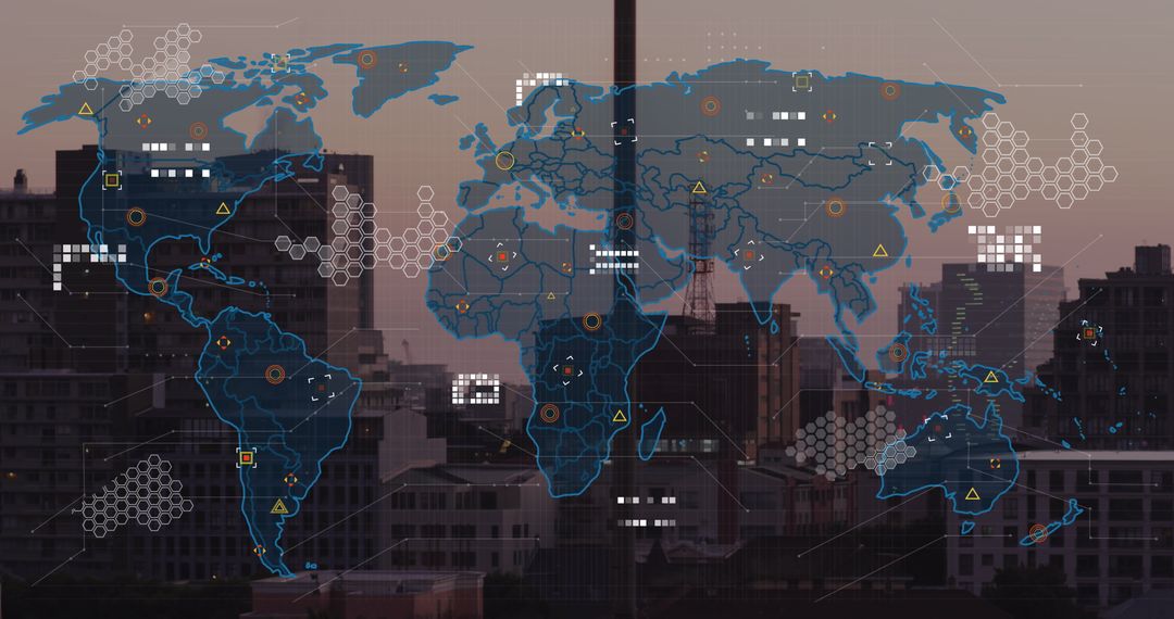 Digital World Map Overlay on Urban Cityscape
