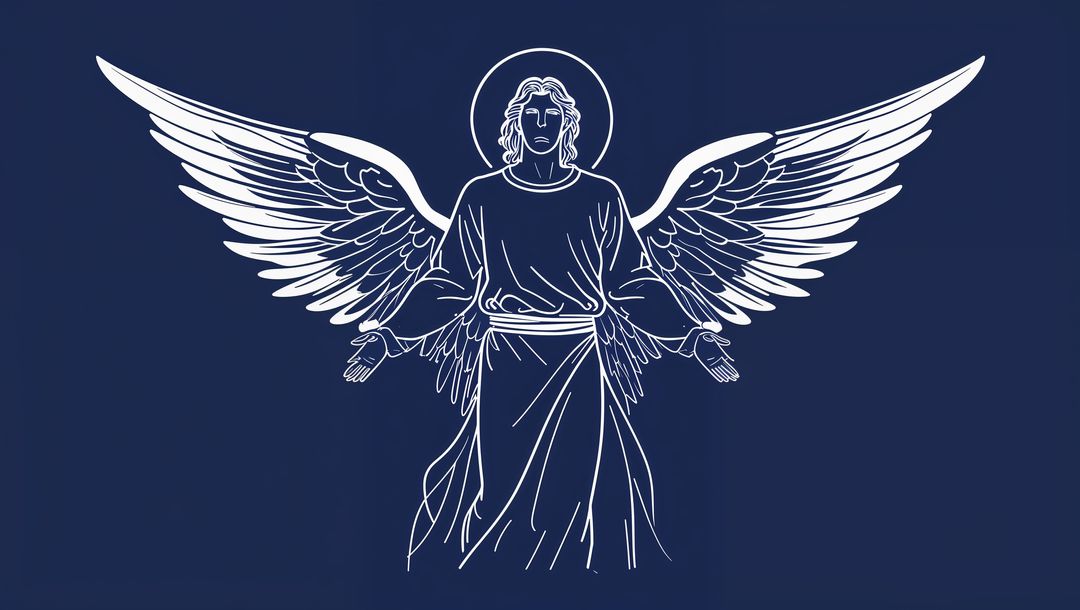 Minimalist Angelic Figure with Open Arms and Halo on Blue Background