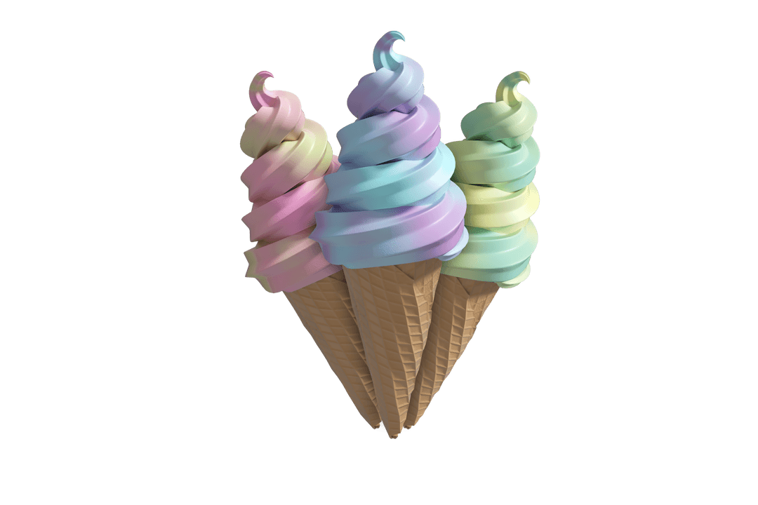 Colorful Triple Ice Cream Cones on Transparent Background