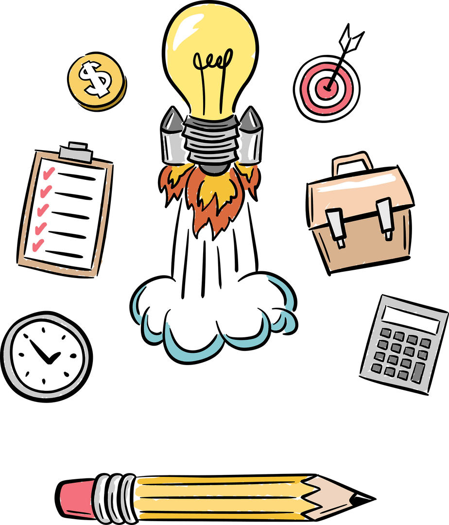 Transparent Business Icons and Rocket Taking Off in Creative Vector Design