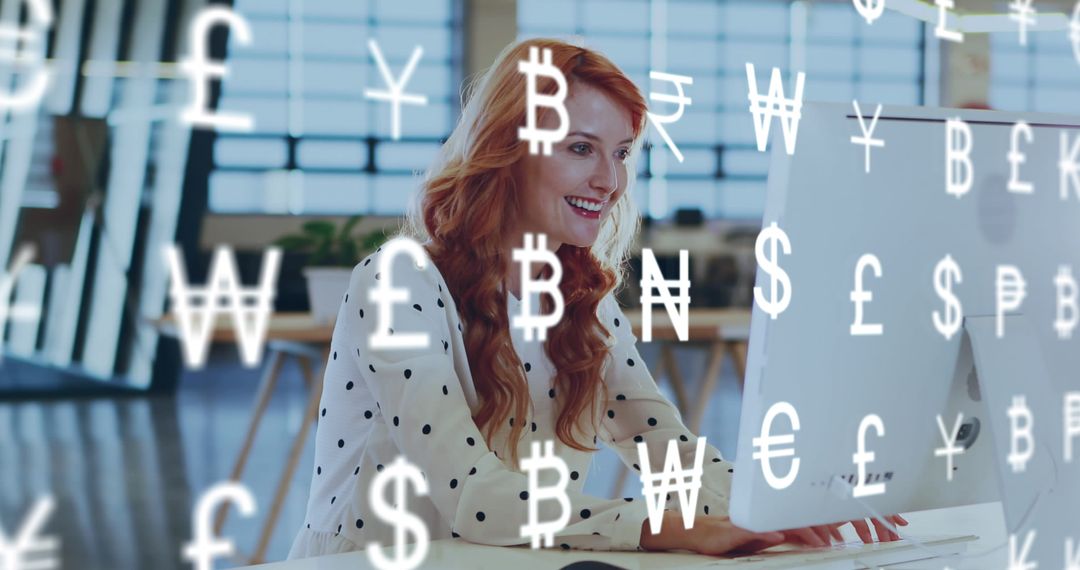 Red-haired Businesswoman Analyzing Currency Data on Computer