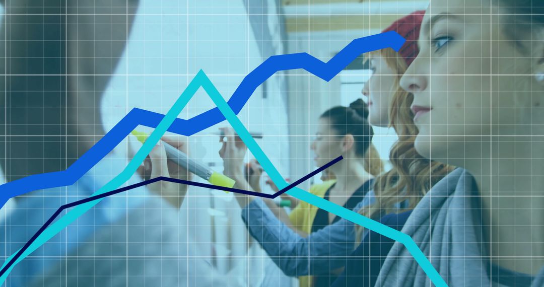 Co-workers Collaborating in Office with Overlaying Business Graphs