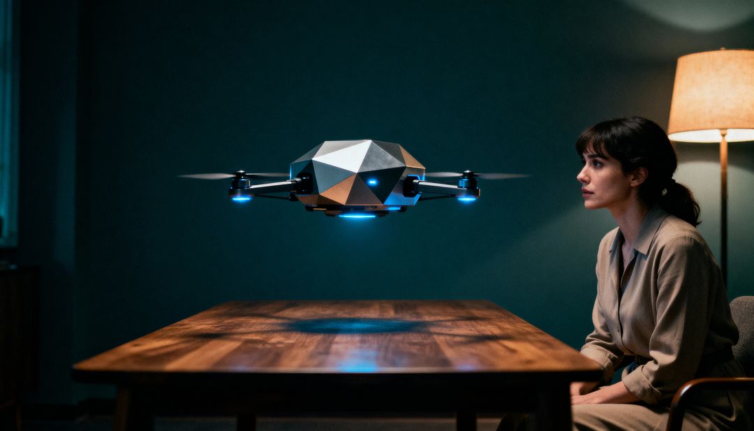 Faceted quadrotor drone hovering over wooden table while woman watching with concern