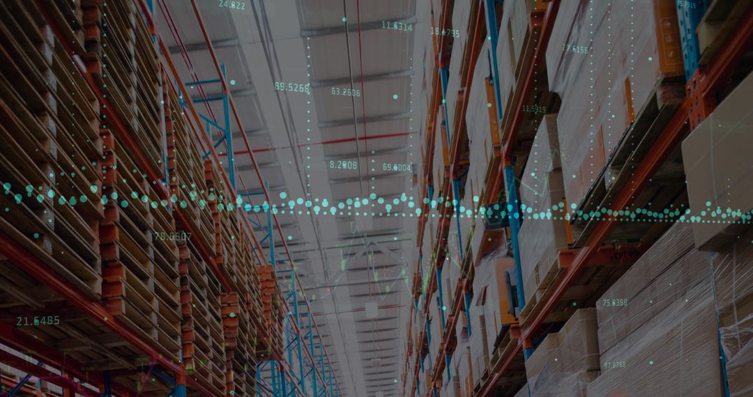 High-Tech Warehouse with Data Overlay Illustrating Global Connectivity