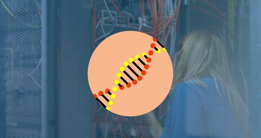 Female Technician Analyzing Server with Digital DNA Overlay
