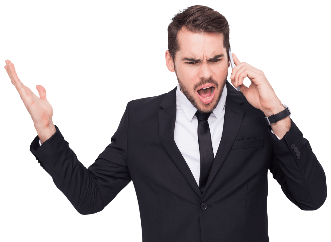 Angry Young Businessman Gesturing While On Phone Transparent Background