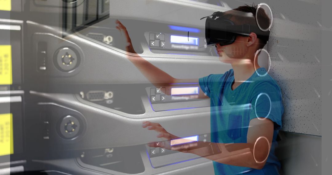 Boy Using Virtual Reality Headset Overlaid with Server Technology