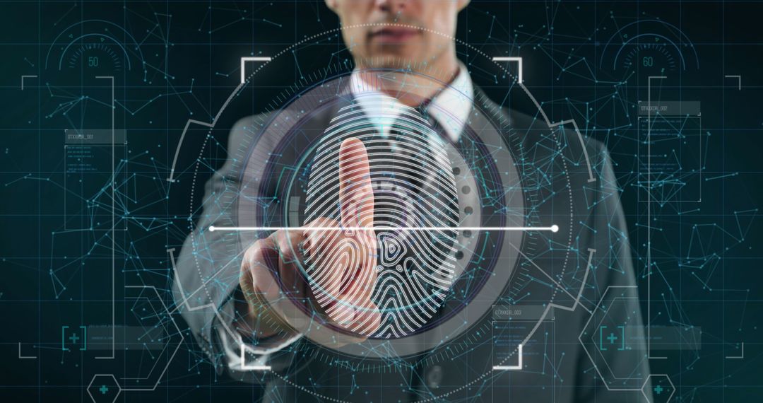 Businessman Engaging with Biometric Fingerprint Interface
