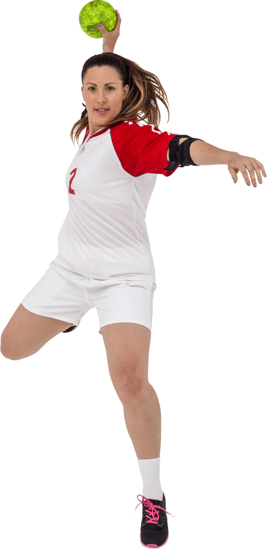 Dynamic Sportswoman Throwing Ball on Transparent Background