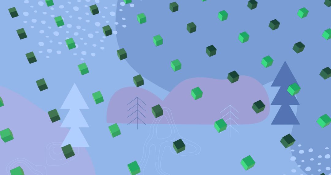 3D Green Cube Patterns with Abstract Tree Elements on Blue Background