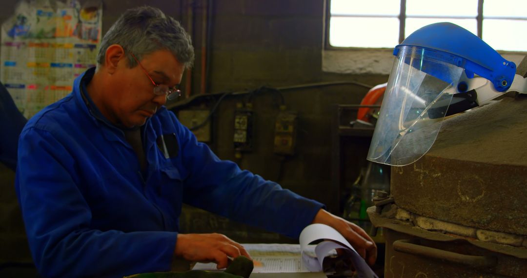 Factory Worker in Protective Gear Reviewing Documents - Free Images, Stock Photos and Pictures on Pikwizard.com