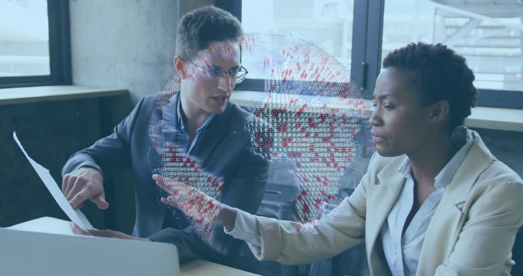 Business Meeting with Global Data Interface in Modern Office