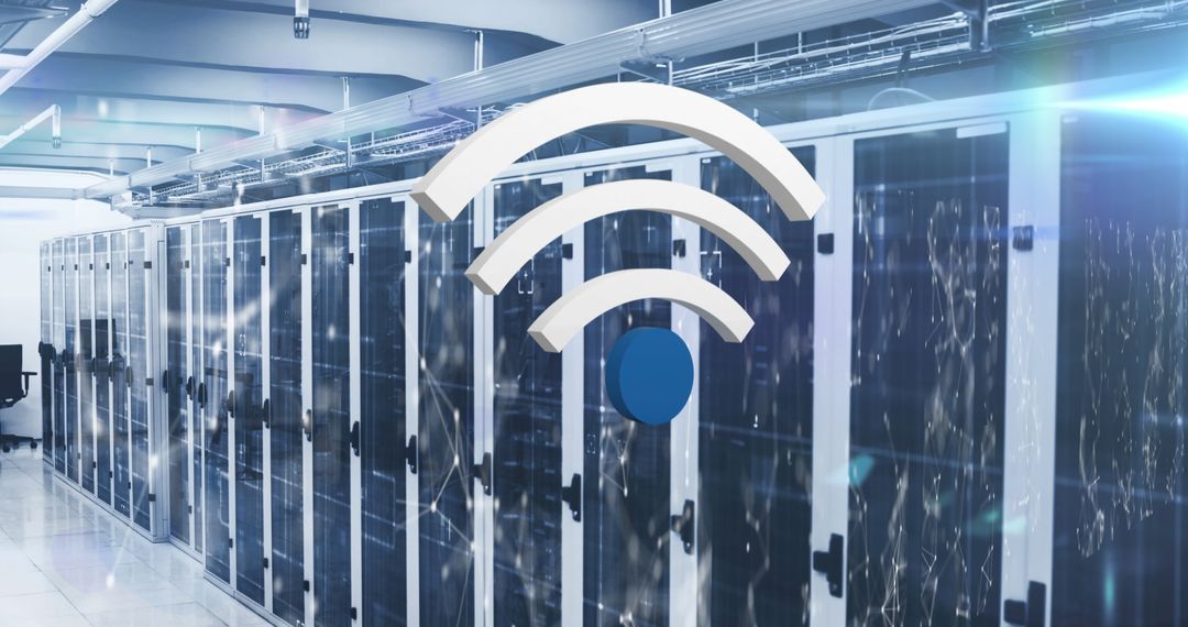 Wi-Fi Icon Tablet Visuals Over Modern Data Center Servers