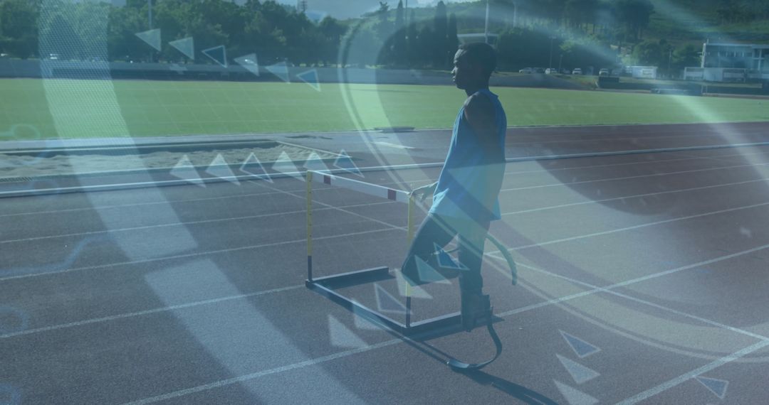 Paralympic Athlete with Prosthetic Leg Preparing on Track with Futuristic Overlay