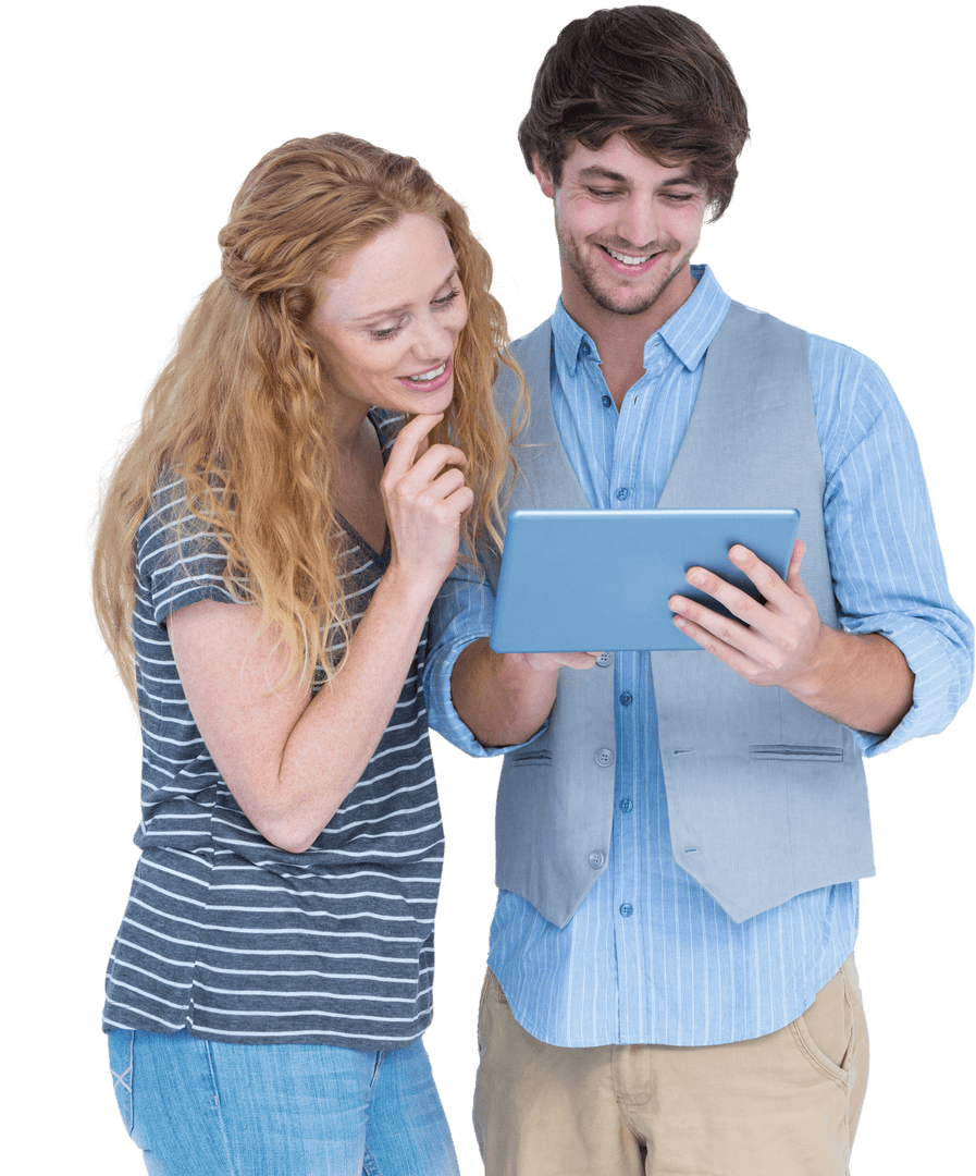 Transparent Couple Discussing Together Informally with Tablet