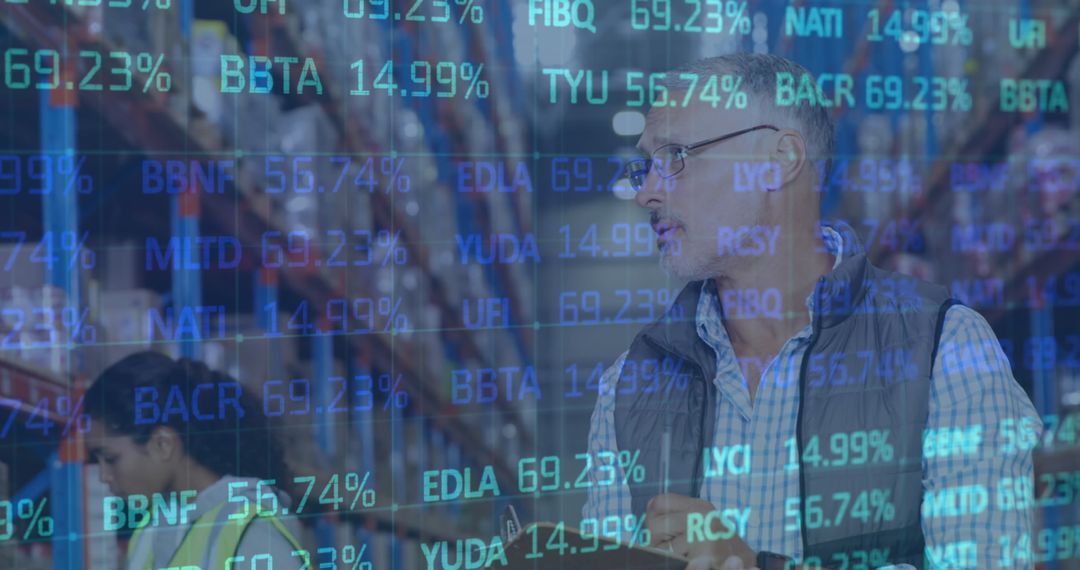 Warehouse Operations with Financial Data Overlay Representing Global Logistics