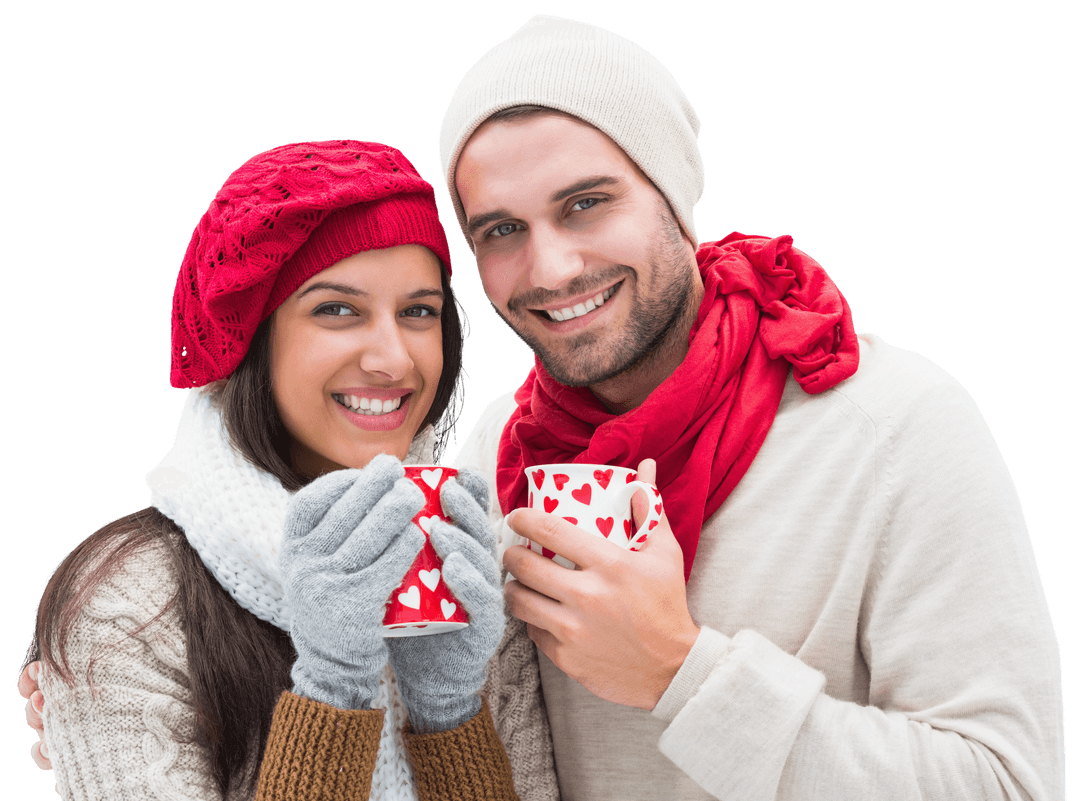 Smiling Caucasian Couple with Coffee Cups on Transparent Background